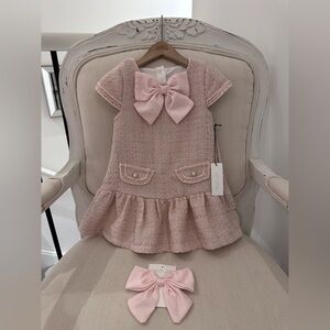 🩰 2T Dusty Rose & Pink Tweed Dress with Bow & Hair Accessory NWT